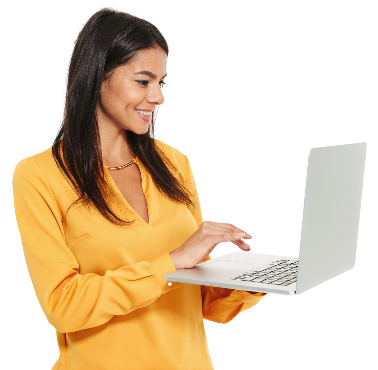 Mulher usando laptop com Metra Cloud